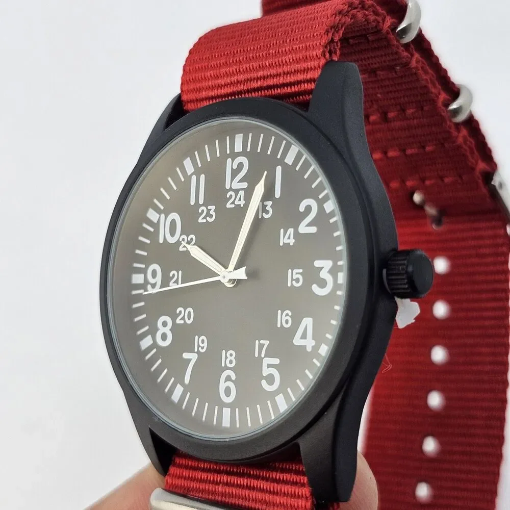 Men's Field Watch 42MM Black‎ Dial Black Case Red Canvas Band